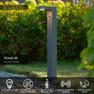 Lucide TEXAS-IR - Pollerleuchte - LED - 1x7W 3000K - IP54 - Bewegung und Tag/Nacht-Sensor (Abschaltbar) - Anthrazit